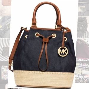 Micheal Kors Denim and Straw Bucket Bag